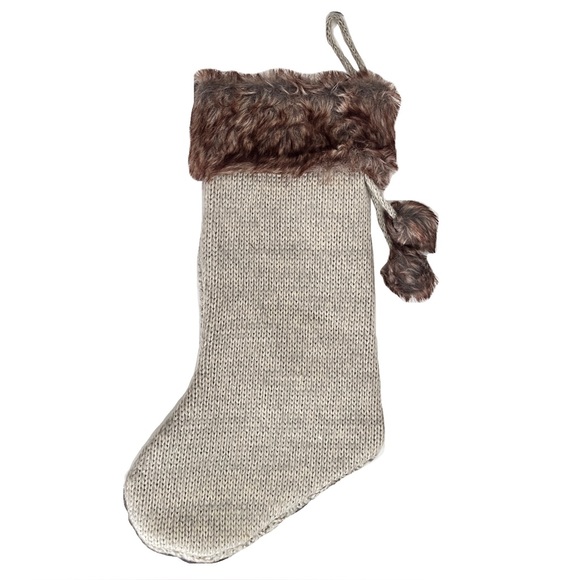 Grey Cable Knit Brown Faux Fur Christmas Holiday Stocking - Picture 2 of 2
